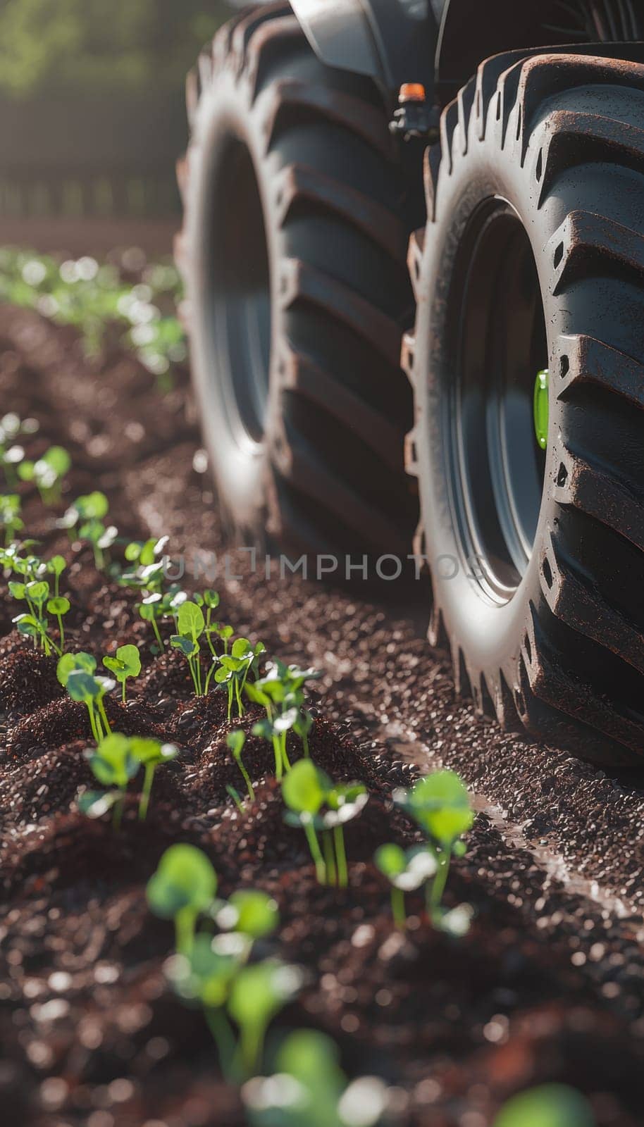 Close-up of an ai-controlled tractor's wheels skillfully navigating between rows of young plants on an organic vegetable farm. showcasing modern technology's role in sustainable farming practices, reflecting precision and care.