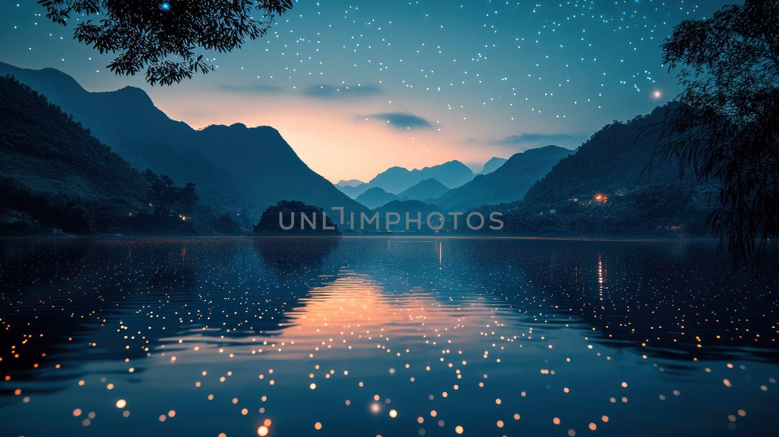 A serene landscape featuring tranquil lake surrounded by mountains, reflecting starry sky and soft twilight hues