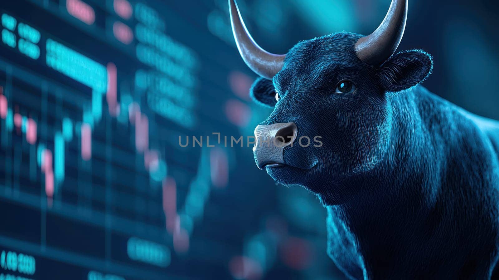 A bull character symbolizes financial growth, standing confidently in front of stock market charts, representing investment opportunities