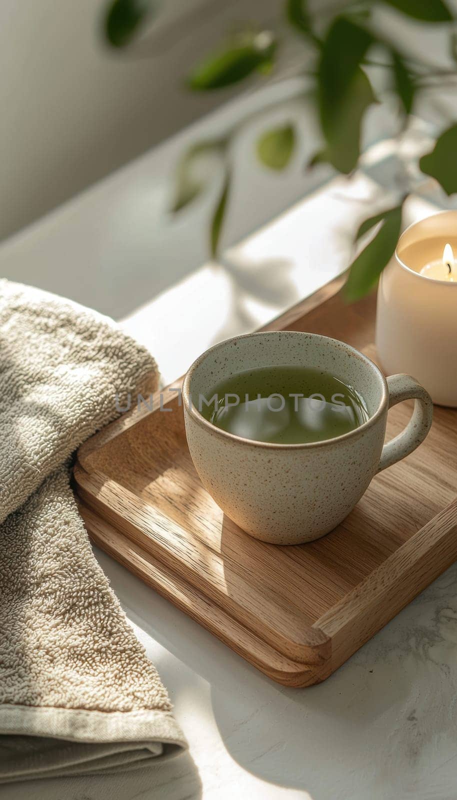 A serene spa scene featuring a cup of green tea on a wooden tray alongside a folded towel and a lit candle. the ambient lighting and natural elements convey a sense of tranquility, ideal for self-care and relaxation.