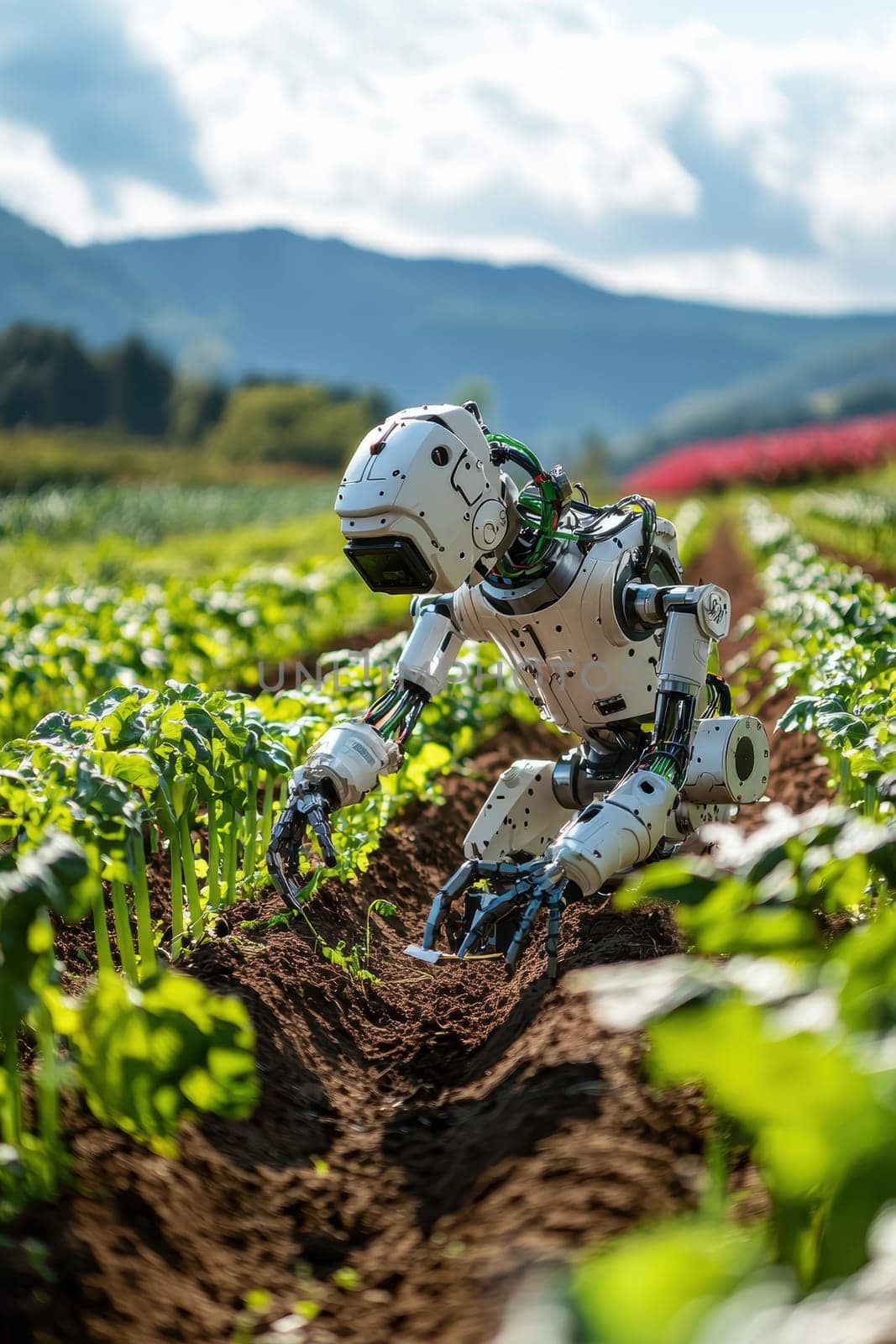 A sophisticated robotic crop weeder with articulated arms operates in a sunny vegetable field. designed for precision agriculture, it carefully navigates between rows, showcasing innovation in modern farming technology and robotics.