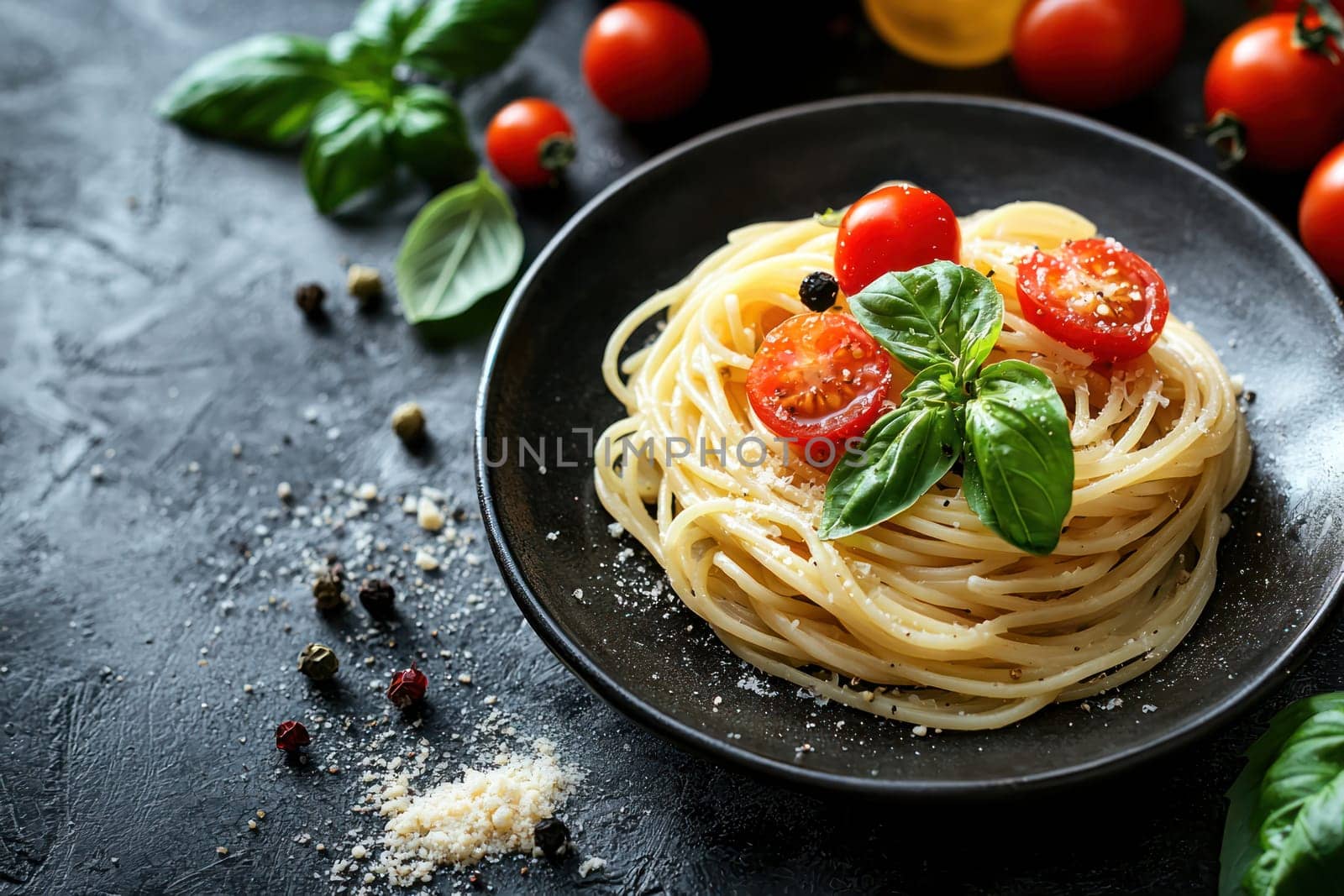 A Delicious spaghetti topped with fresh basil and cherry tomatoes, served on black plate, creating vibrant and appetizing dish