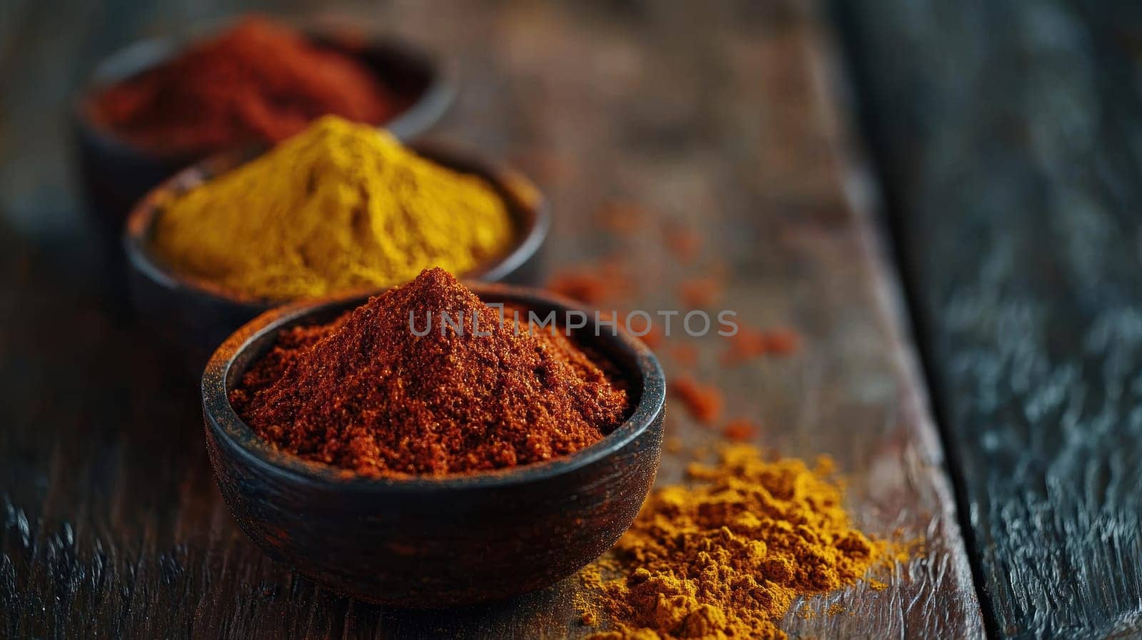 Colorful spices such as paprika, turmeric, and cumin are artfully arranged in small bowls on a dark wooden table. some of the spices are spilled, creating a natural and rustic effect, perfect for culinary and cooking themes.