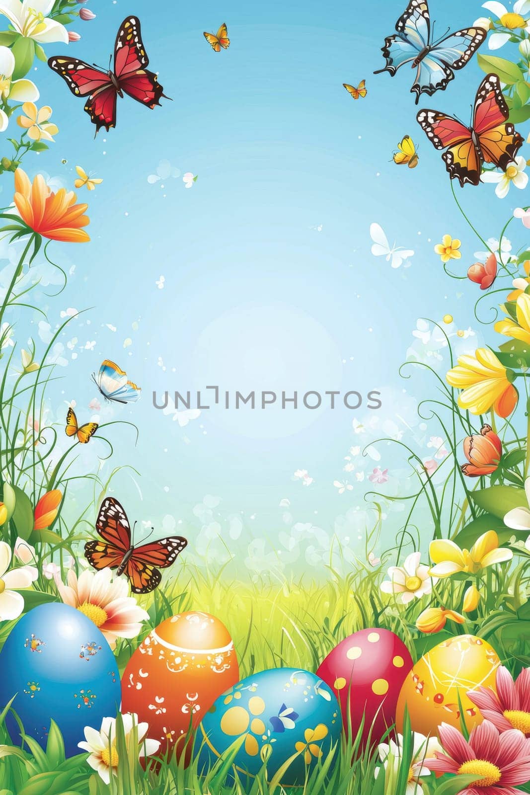A vibrant easter greeting card template featuring a lively spring garden scene with colorful butterflies, blooming flowers, and brightly decorated eggs. a central blank area offers space for personalized messages or warm wishes.