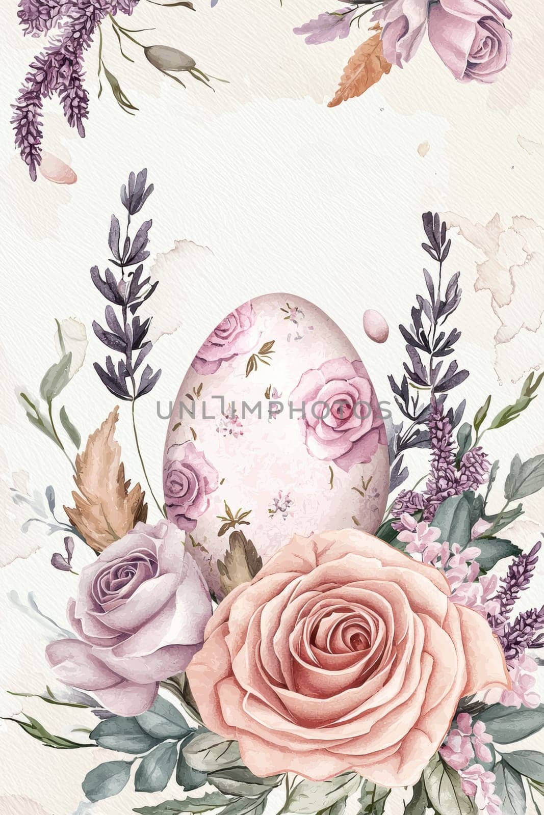 Sophisticated easter card template in watercolor style, showcasing soft pink roses, lavender, and a central egg with delicate brushstrokes. ideal for print or digital use, offering ample white space for personalized greetings.