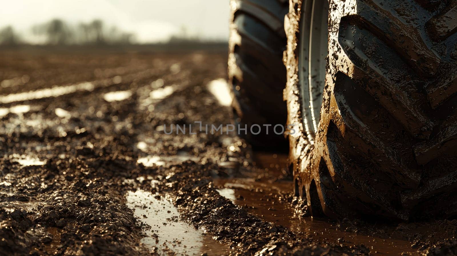 Close-up of a tractor tire covered in mud, its rugged durability amidst navigating a freshly plowed field. the earthy tones and textures emphasize the tractor's reliability and adaptability in challenging conditions.