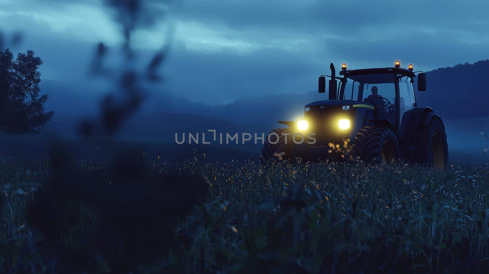 Tractor with led headlights brightens a misty pre-dawn field, modern agricultural technology and innovation against a dramatic landscape of rolling hills and a moody sky, emphasizing efficient farming practices.