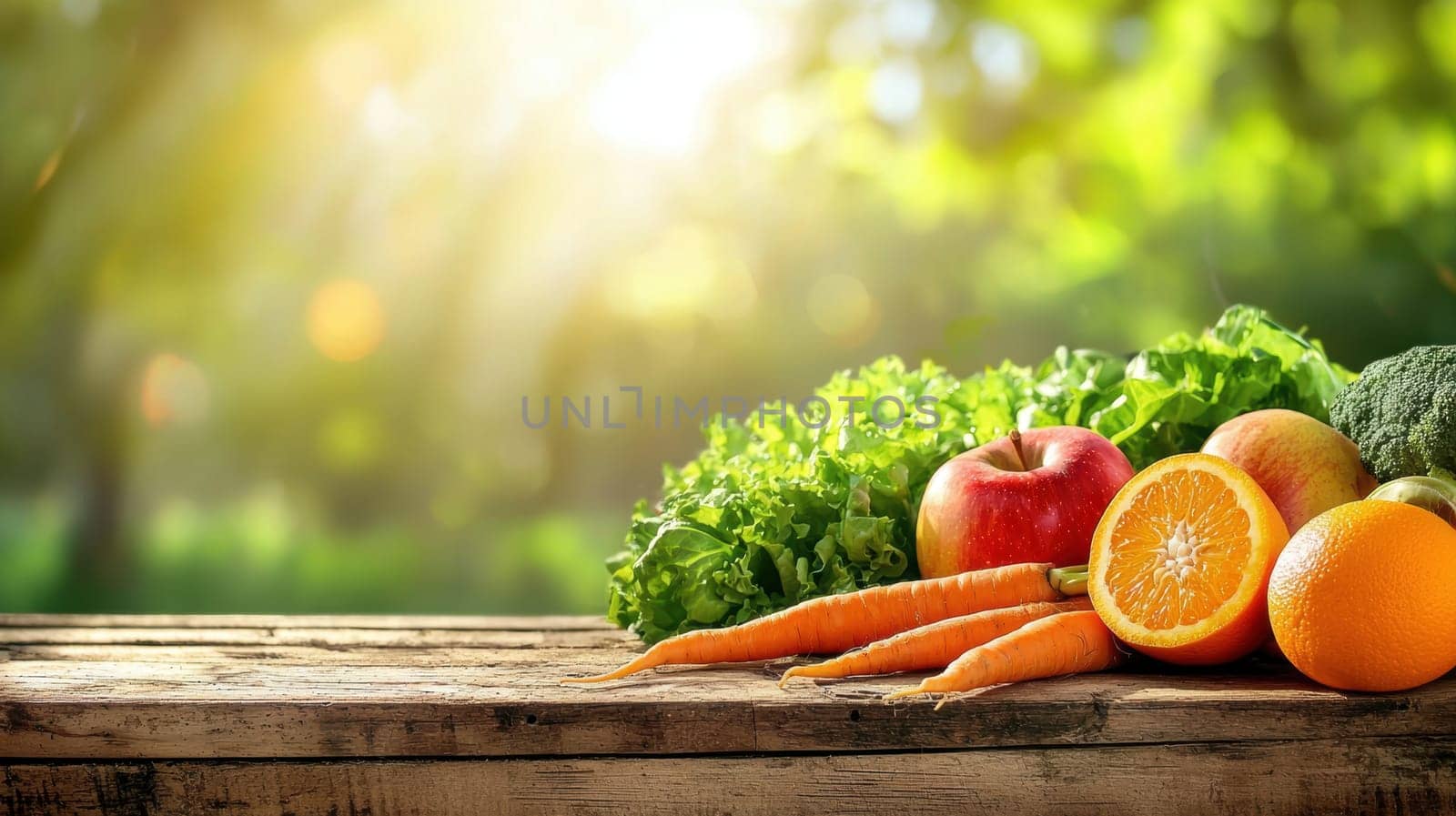 Bright and colorful organic fruits and vegetables, including apples, oranges, lettuce, and carrots, are neatly arranged on a rustic wooden stall at an open-air market. sunlight filters through, enhancing the fresh, natural appeal.