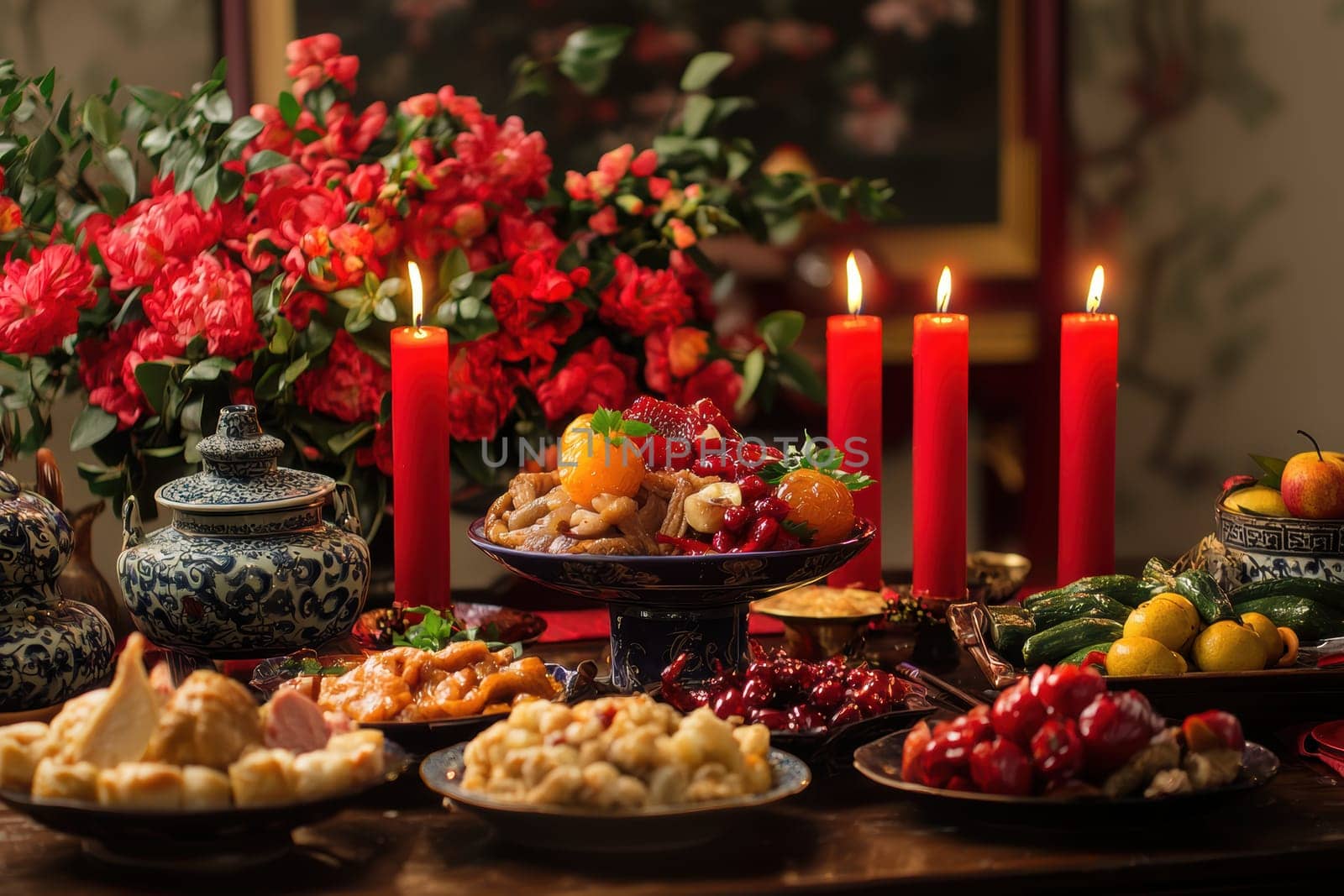 Celebrating lunar new year, a dining table is elegantly set with vibrant red candles, fresh flowers, and a diverse spread of traditional foods. the inviting arrangement creates a warm atmosphere for a festive family gathering.
