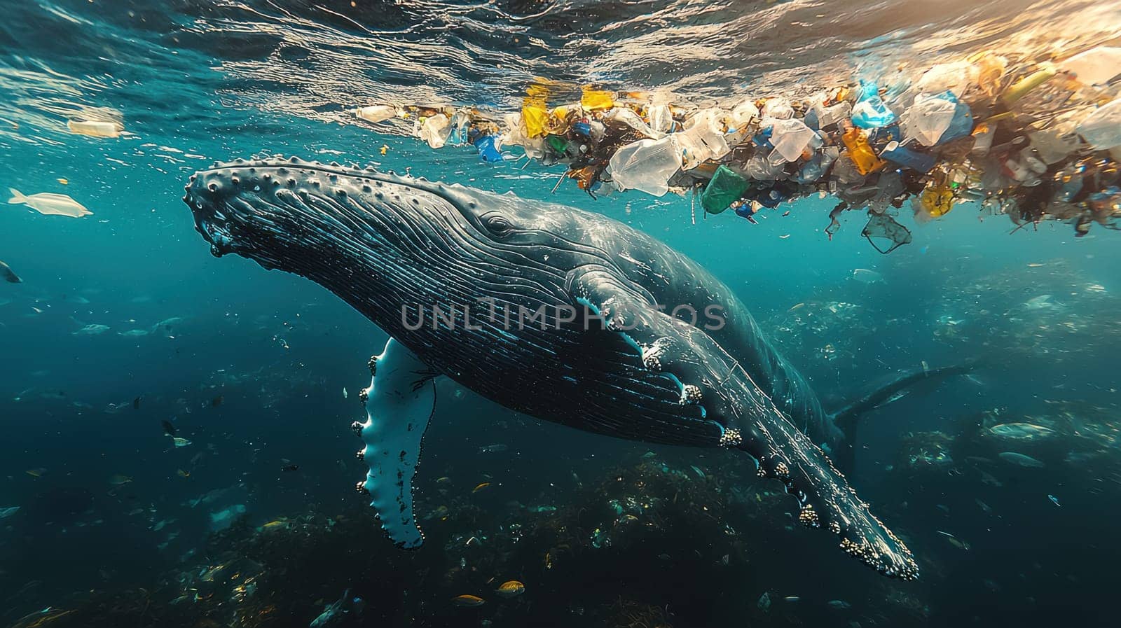 A majestic humpback whale swims gracefully beneath ocean surface, surrounded by plastic debris, highlighting urgent need for ocean conservation