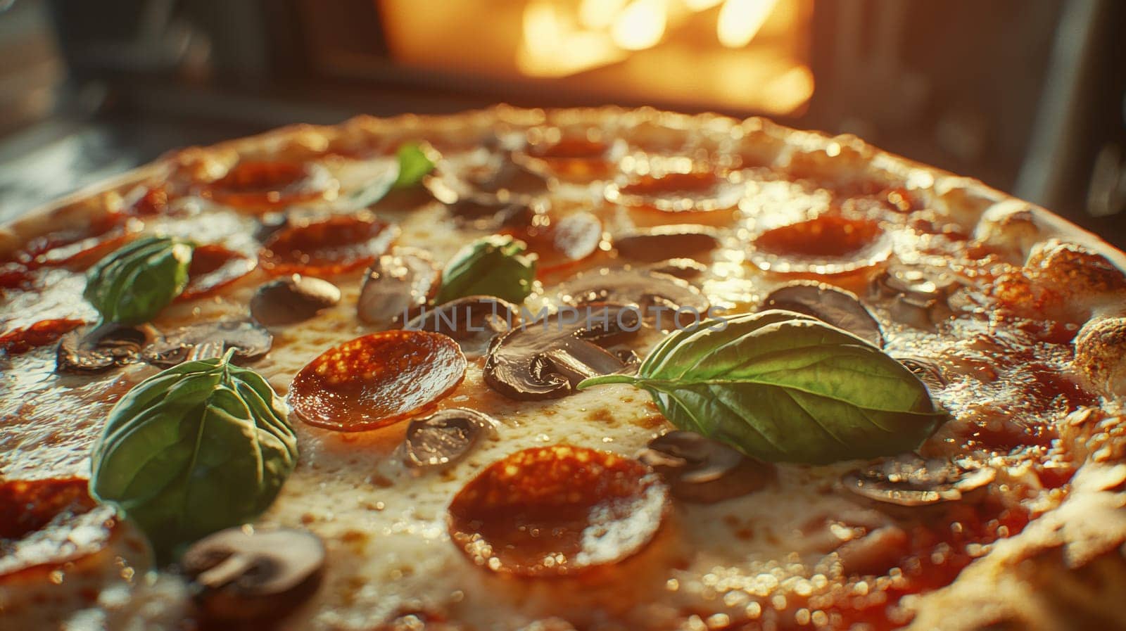 Freshly baked pizza featuring melted cheese, crispy crust, basil leaves, pepperoni, and mushrooms. the steam rising from the hot oven enhances the appetizing detail and vibrant colors, making it ideal for culinary presentations and food photography.