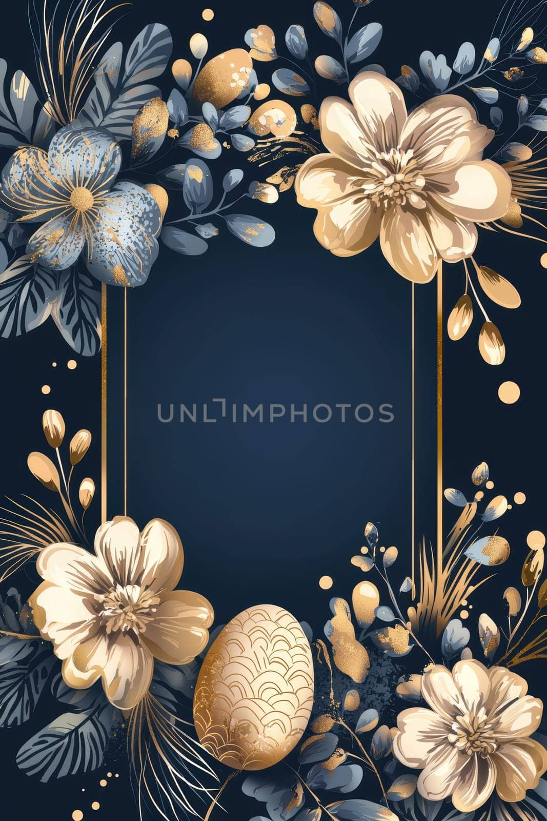 Luxurious easter card design featuring a navy blue background and intricate gold foil floral patterns. includes ornate easter eggs and a central blank area for personalized text. ideal for high-end greeting cards or festive easter invitations.