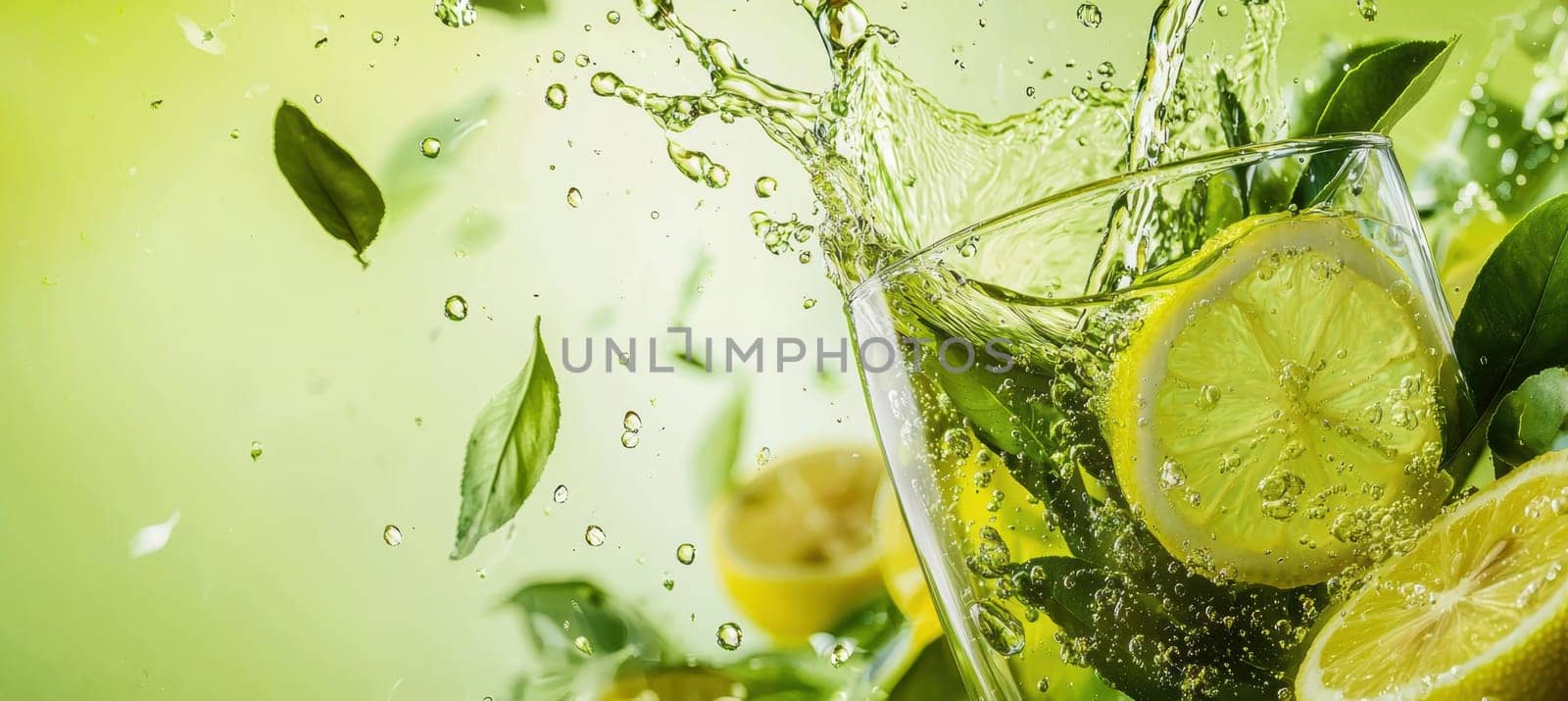 Dynamic scene of green tea splashing into a glass, surrounded by fresh lemon slices and tea leaves. the composition offers ample space for promotional text, perfect for advertisements and beverage marketing designs.