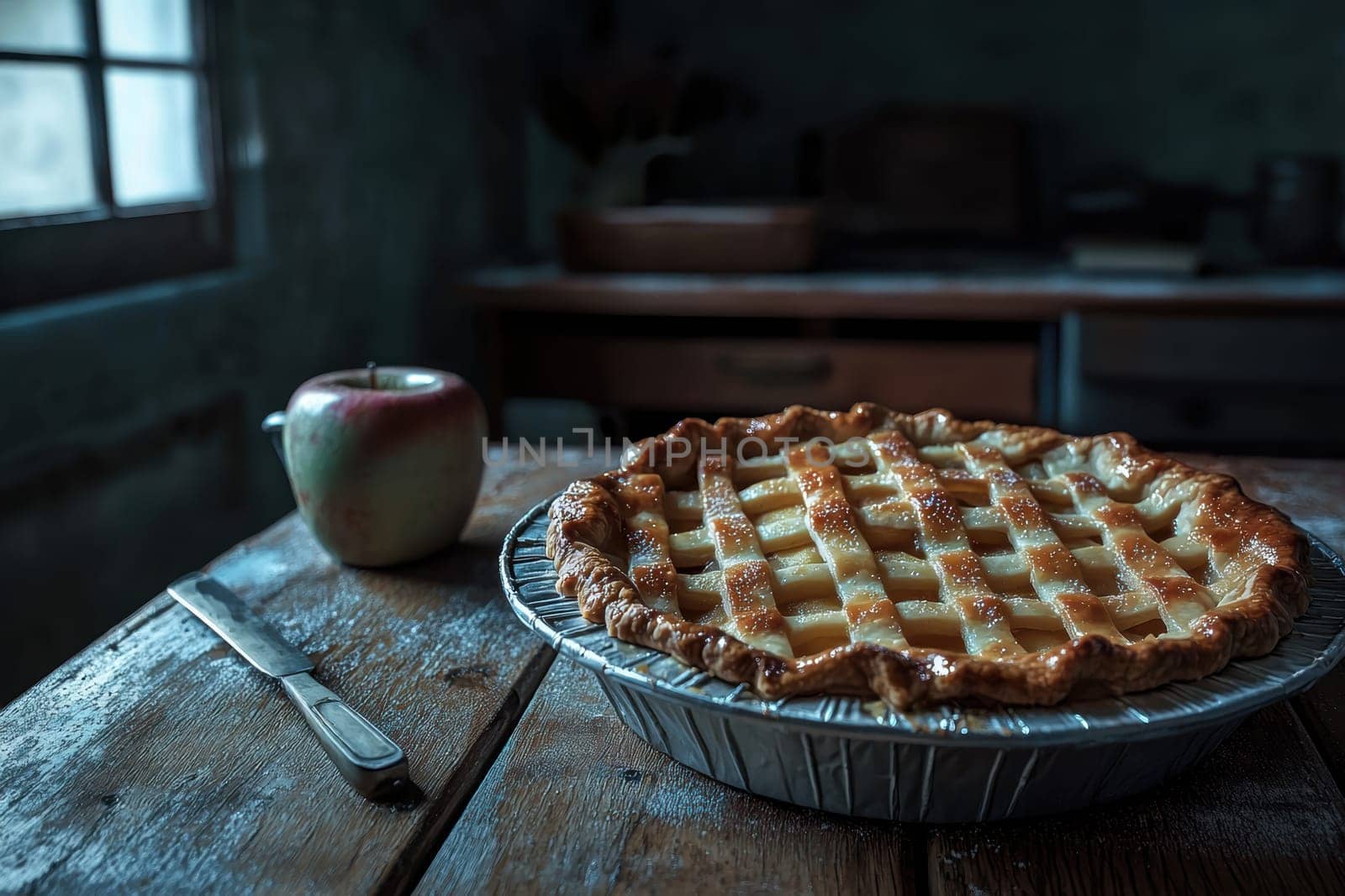 A cozy rustic kitchen showcases a freshly baked apple pie with a lattice crust, cooling on a wooden table. soft daylight filters through a window, creating a warm and inviting atmosphere, ideal for promoting home baking products.