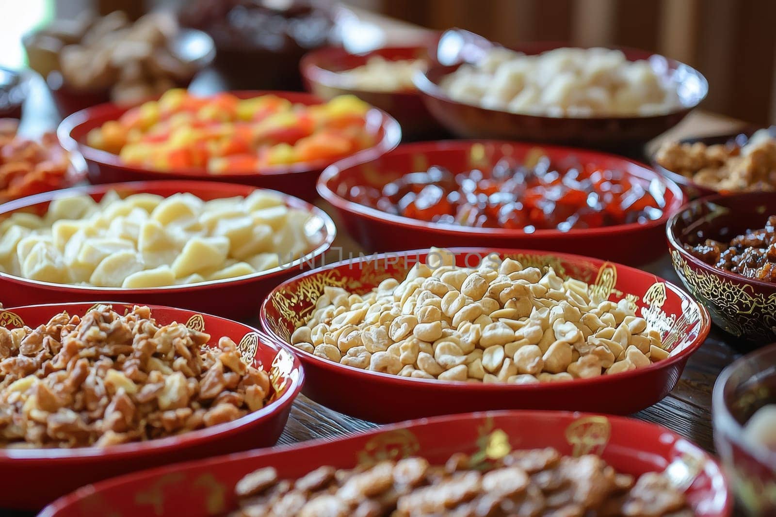 Festive lunar new year arrangement featuring a colorful assortment of candied fruits, nuts, and rice cakes in ornate red and gold dishes. the scene evokes a vibrant celebration, blending traditional tastes and cultural aesthetics.