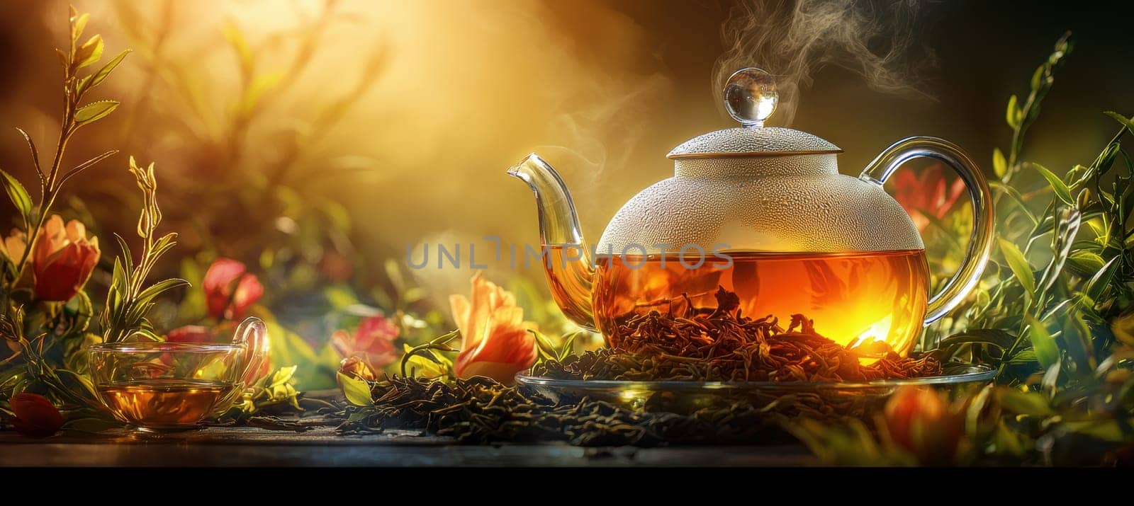Close-up of a tea master brewing loose leaf tea in a glass teapot, the warm, inviting atmosphere with a softly lit background. ideal for branding or adding custom text, making it perfect for marketing purposes.