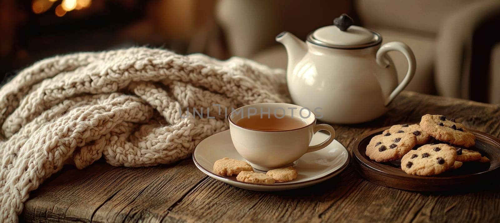 A comforting autumnal setup featuring a steaming cup of tea in a vintage floral cup, surrounded by delectable cookies on a rustic wooden table. a weathered teapot and soft woolen blanket enhance the cozy, inviting atmosphere.