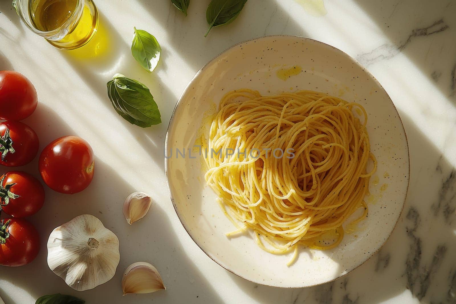 Overhead view of a modern kitchen countertop arranged with fresh ingredients including tomatoes, garlic, basil, and olive oil, surrounding a plate of spaghetti with red tomato sauce and grated cheese on a marble surface.