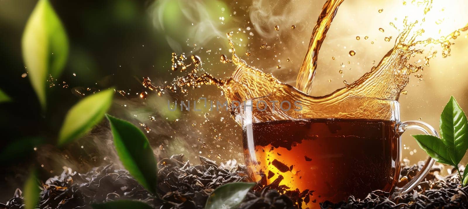 Pouring hot black tea creates an energetic splash with visible steam, set against a warm, inviting background. tea leaves surround the scene, adding an authentic touch. ideal for branding designs, print, or culinary promotions.