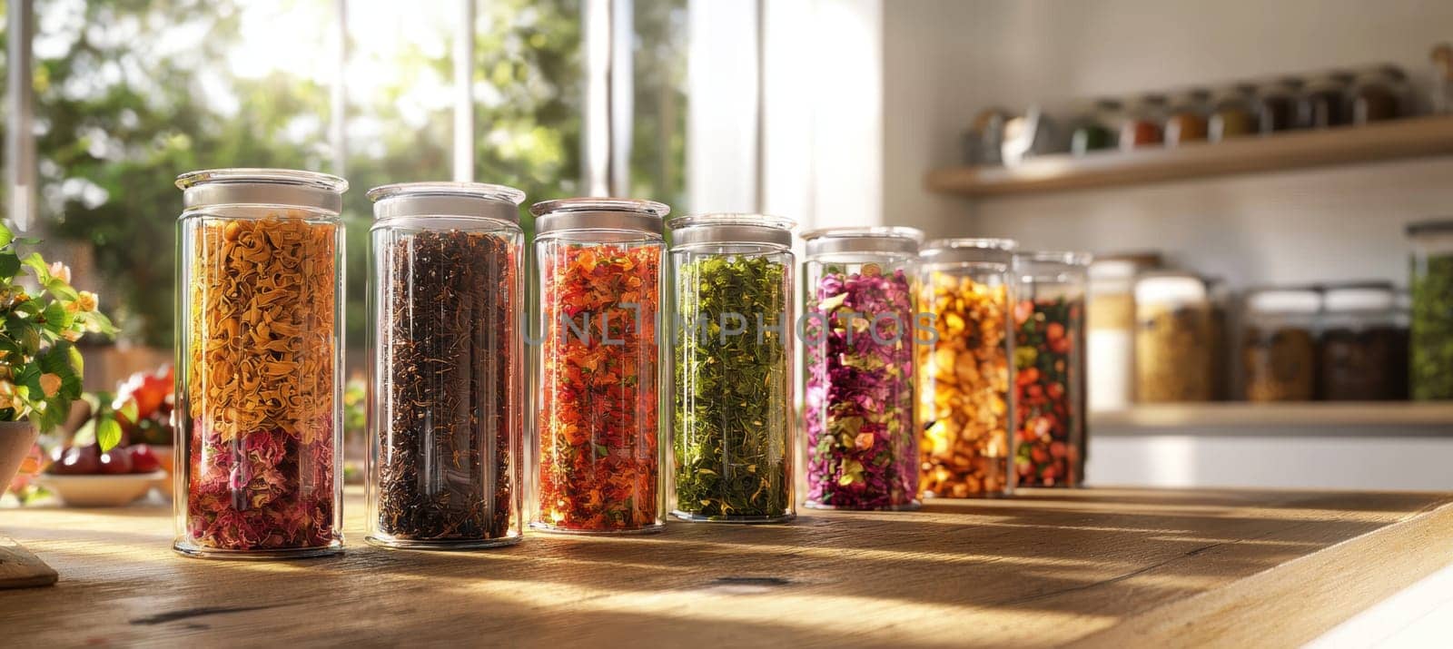 A stunning arrangement of colorful tea blends in clear glass jars on a wooden table, set in a luminous kitchen with sunlight streaming through a window. the composition provides ample space on the right for product descriptions or branding.