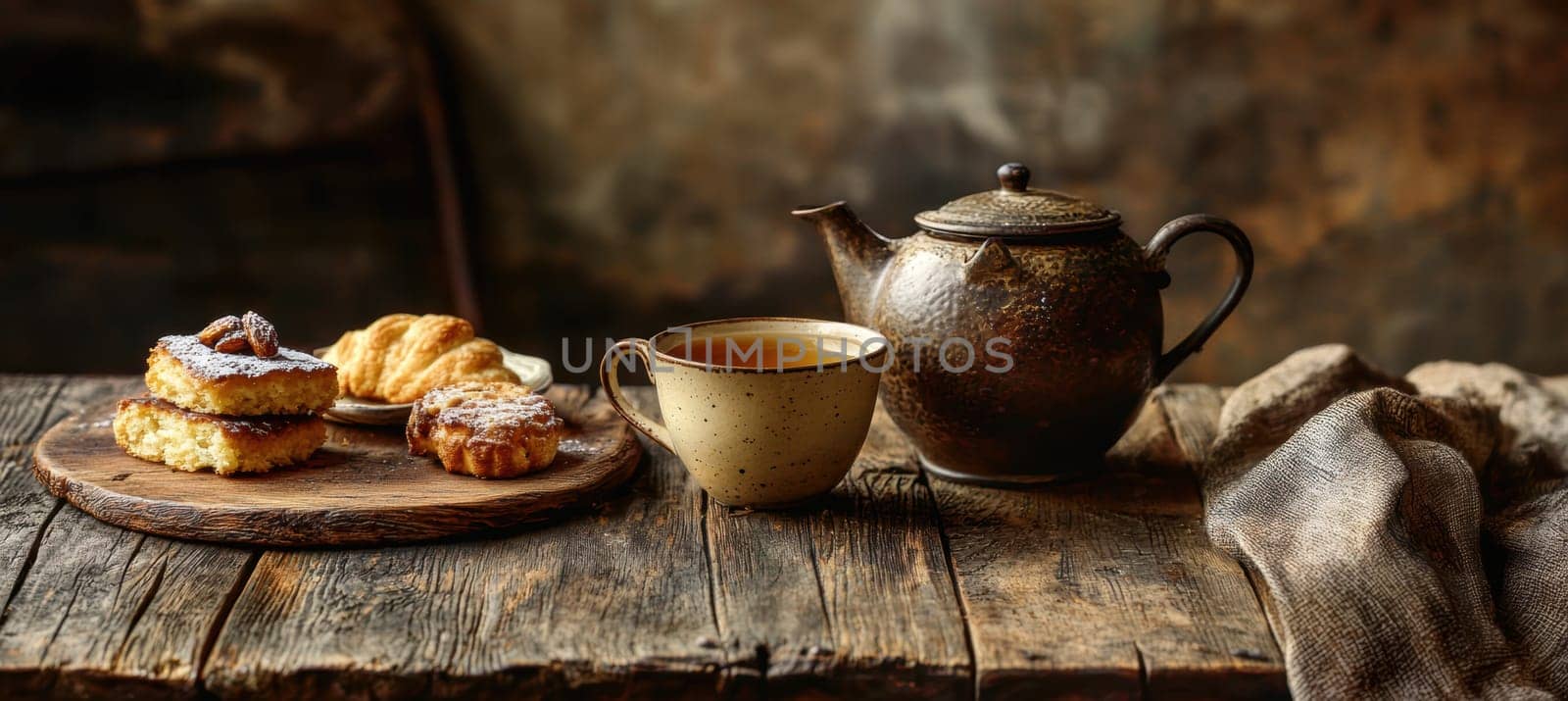 A cozy, rustic wooden table set with a teapot, ceramic cup, and a variety of tea cakes and pastries. the inviting warm atmosphere provides ample space for text on the upper left, perfect for design projects or cozy-themed posters.