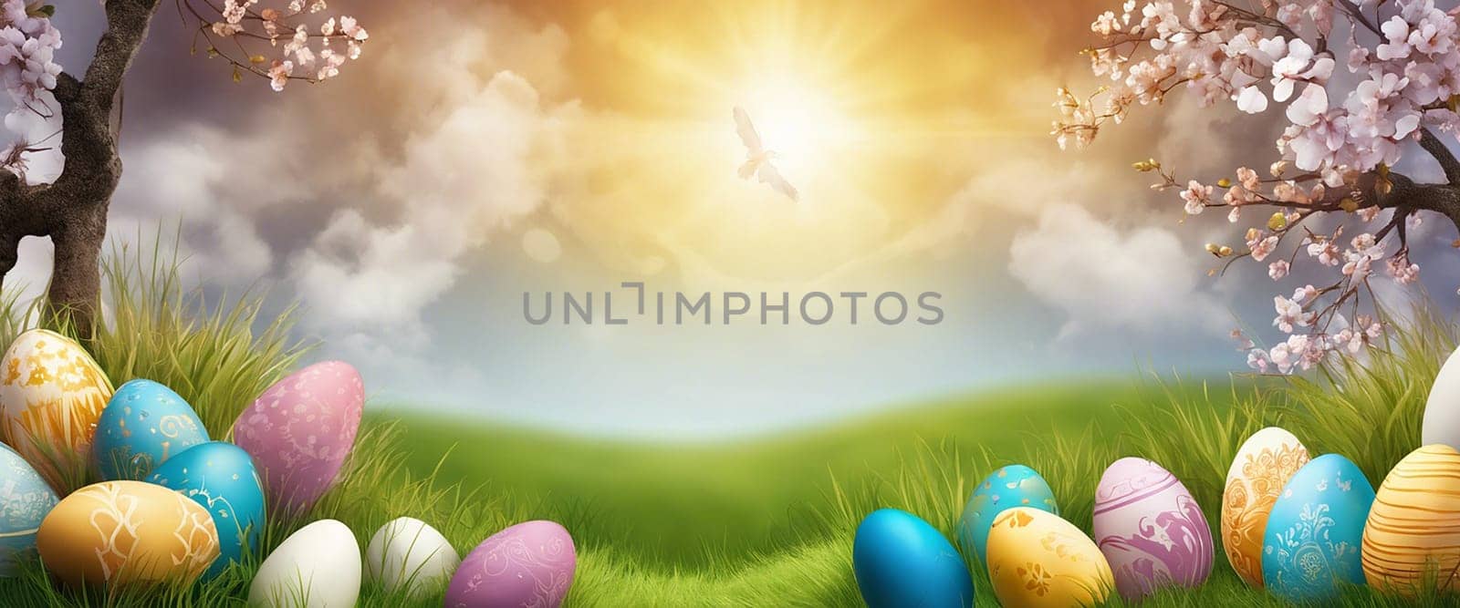 Beautiful Easter background with eggs and nature - Generative ai