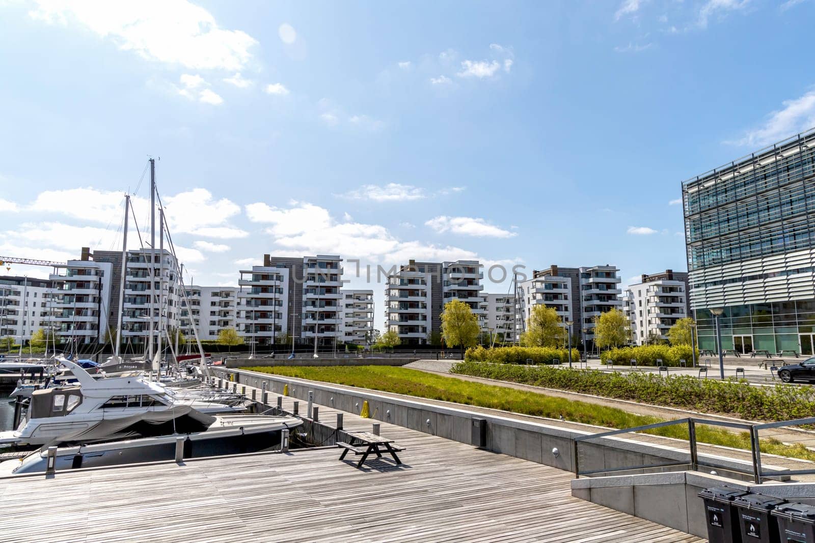Modern area of the city with residential buildings. Real estate investment. Expensive housing. Copenhagen, Denmark - August 30, 2023.