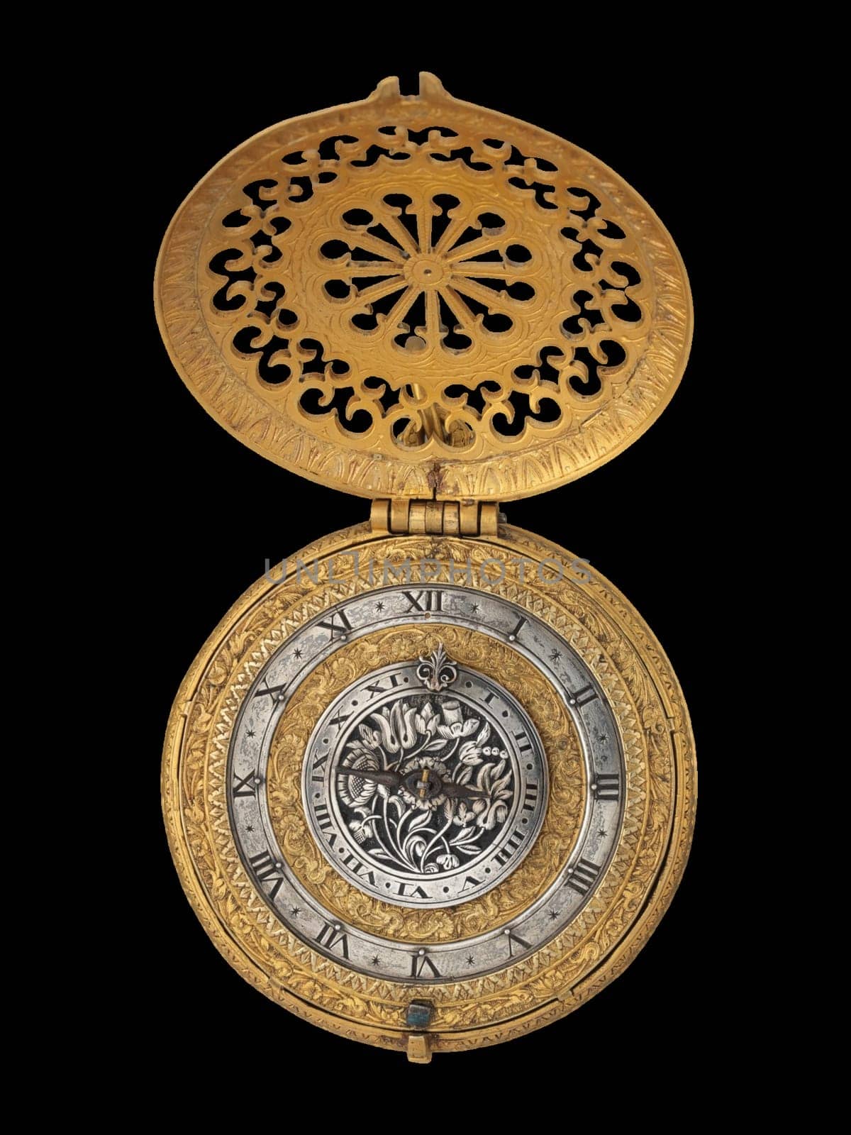 antique gold alarm watch by Nicholas Vallin dating back to around 1600. The watch features a silver dial with intricate engravings and a gold case with ornate details.