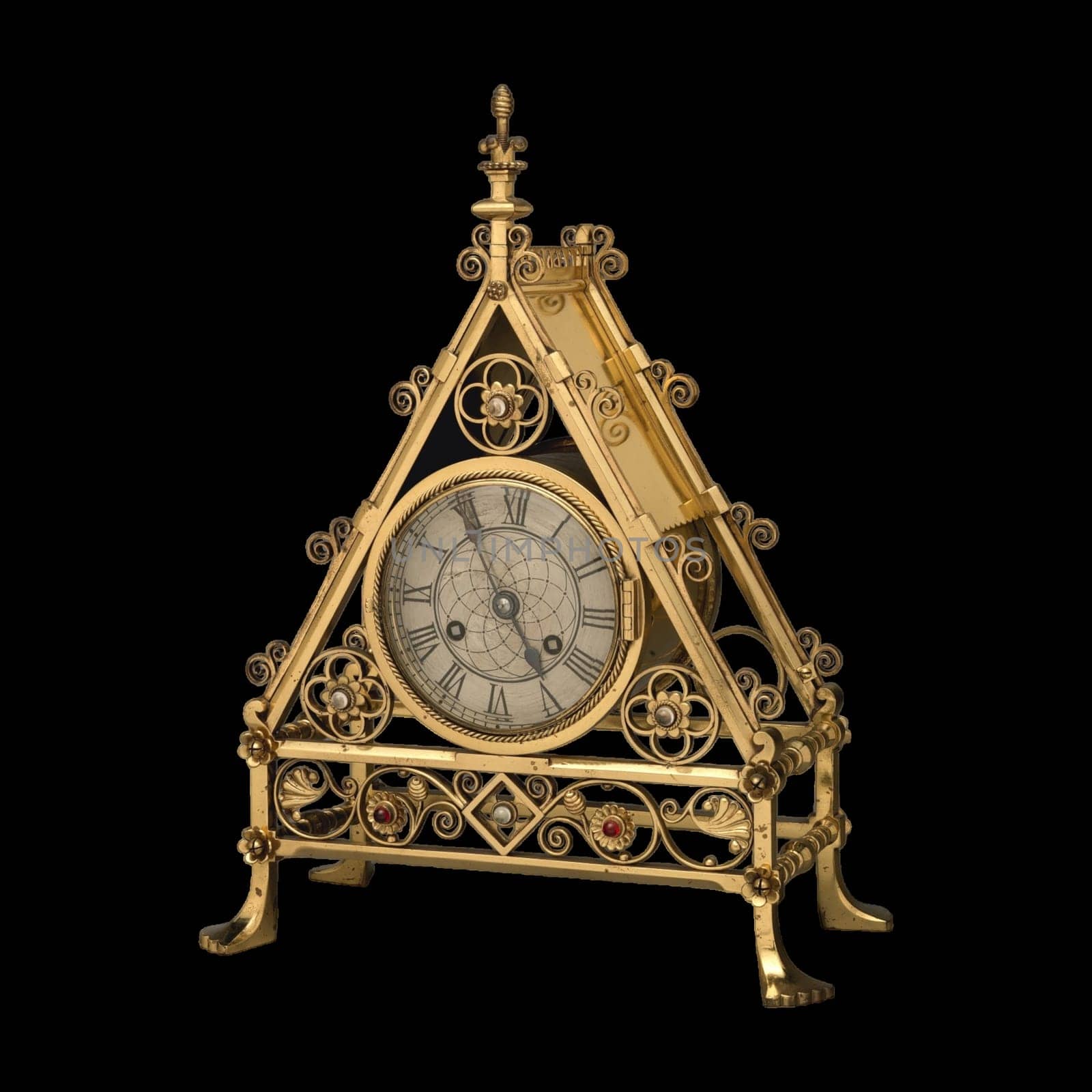 Antique gold mantel clock frame with Gothic design and intricate details.