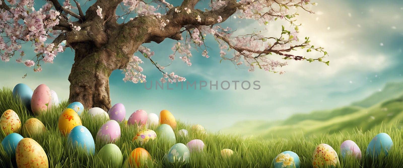 Beautiful Easter background with eggs and nature - Generative ai
