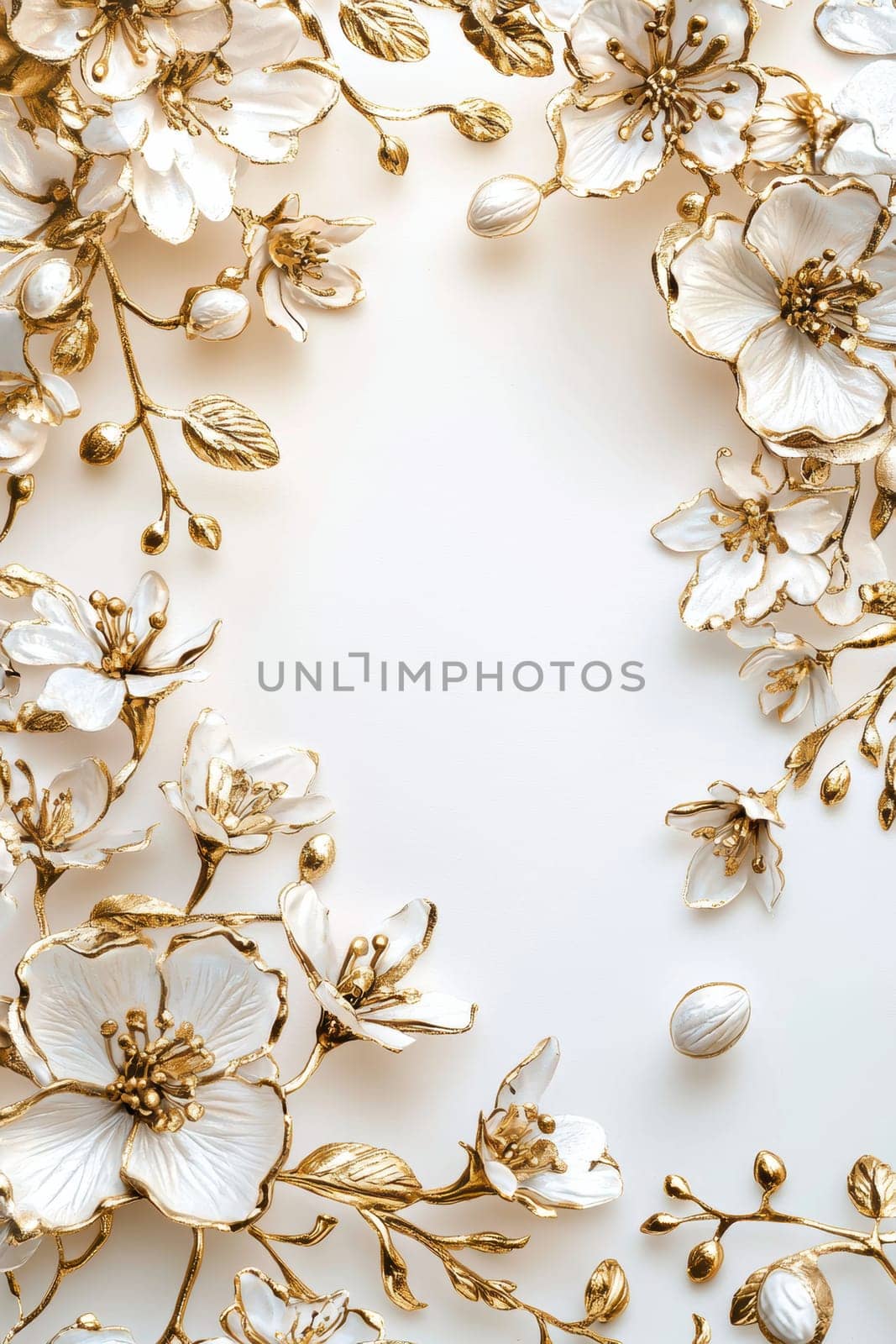 A sophisticated easter card template featuring gold floral detailing against a soft ivory background. the design includes a central blank space for personalized messages, ideal for creating elegant greeting cards or festive invitations.