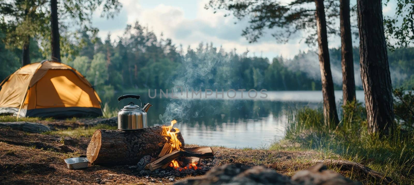 A tranquil lakeside camping scene featuring a steaming kettle on a campfire, a tin cup on a log, and a tent nearby. the peaceful sunset backdrop provides an inviting atmosphere, perfect for outdoor adventure themed designs and promotions.