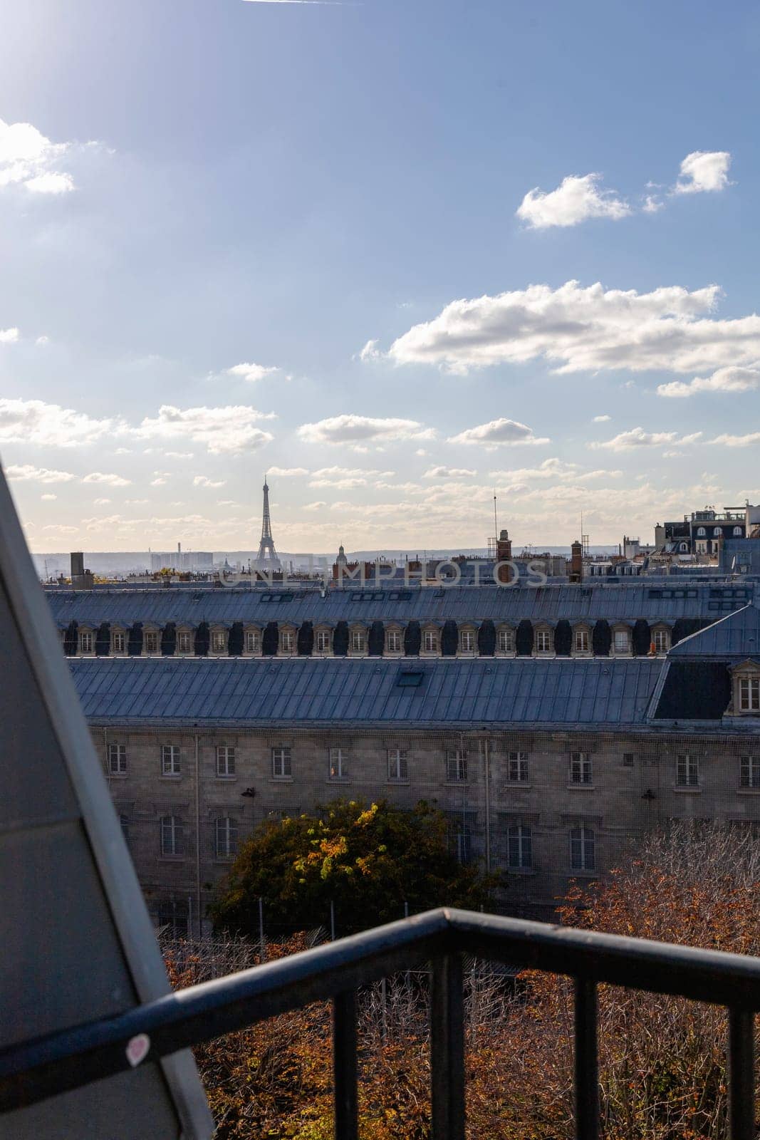 View of Paris and Eiffel Tower and rooftops from above. Beautiful Paris, France. High quality photo