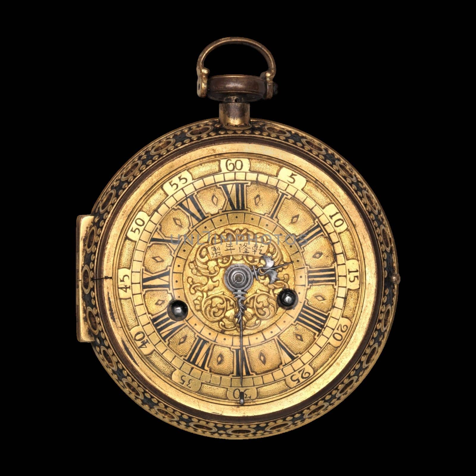 Antique Chinese clock watch with gold case, filigree, and enamel decoration.