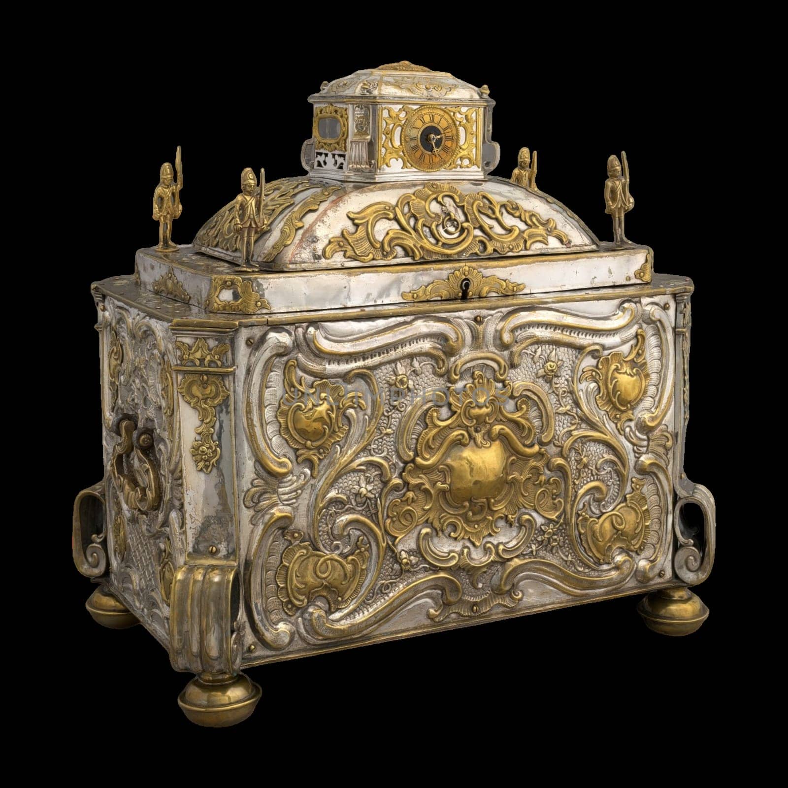 Antique silver strongbox with clockwork and ornate embossed details.