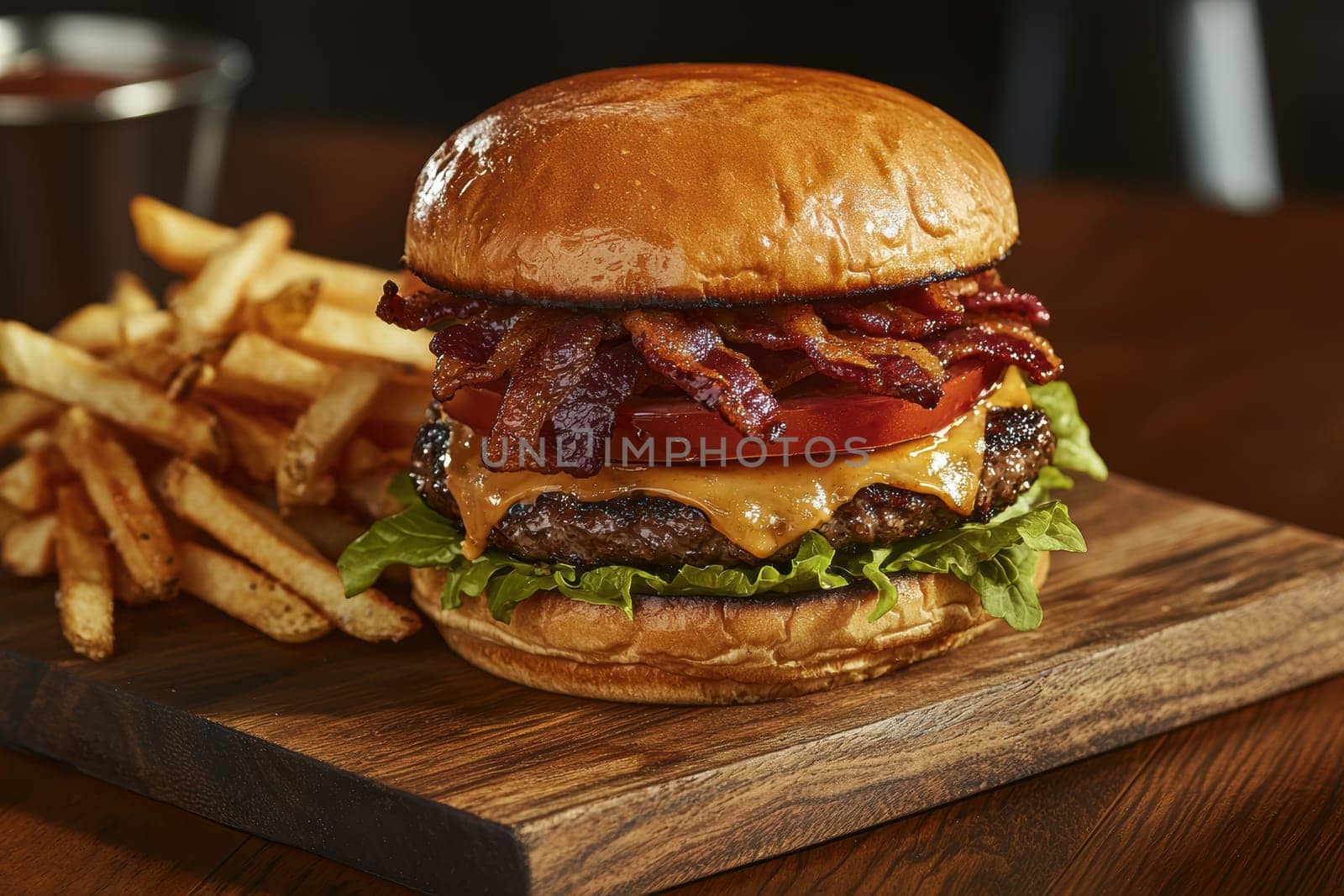 A gourmet burger stacked high with juicy layers of cheese, lettuce, tomato, and crispy bacon, served on a wooden board alongside golden fries. ideal lighting highlights the appetizing textures and colors, making it perfect for food advertising.