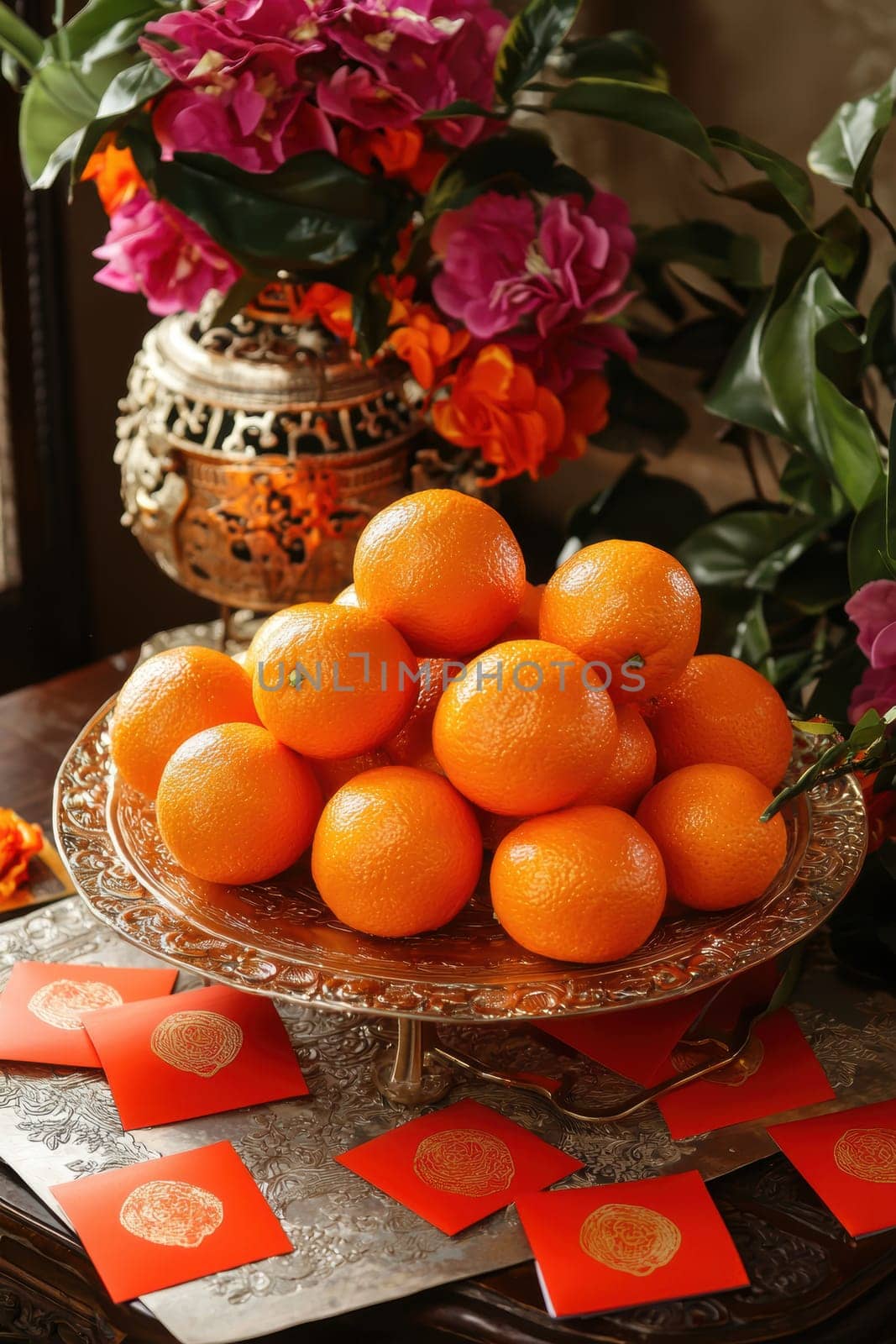 Mandarin oranges and red envelopes are arranged elegantly on a table, adorned with lunar new year decorations. the vibrant colors and traditional elements symbolize wealth and good fortune, creating a festive, cultural ambience.