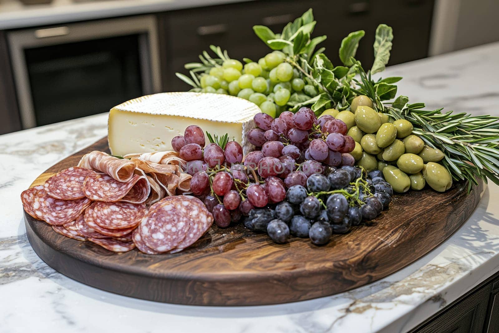 Artfully arranged charcuterie board featuring a variety of gourmet cheeses, cured meats, olives, and fresh grapes on a marble countertop. the selection highlights rich textures and colors, making it perfect for upscale dining or event use.