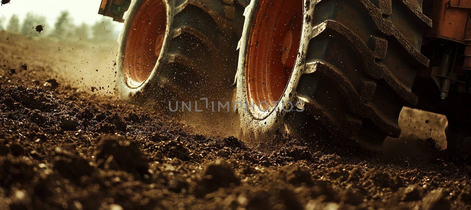 Close view of a large tractor's blades tilling soil, scattering earth and small rocks in dynamic detail. the image highlights the machinery's power and the intricate details of the agricultural process, showcasing the strength and precision involved in modern farming.