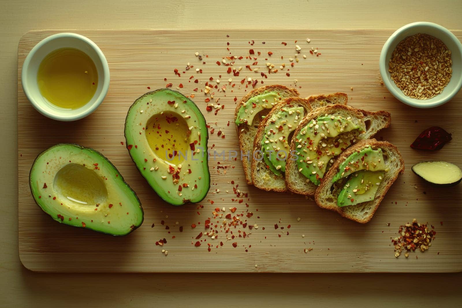 Avocado toast preparation featuring sliced avocados on toasted bread, enhanced with olive oil and chili flakes. ingredients are artfully arranged on a wooden board in natural sunlight, showcasing culinary creativity and fresh flavors.