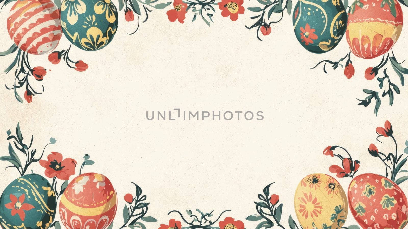 A beautifully crafted easter card template featuring intricate floral borders and classic egg designs. the vintage color palette enhances the nostalgic appeal, while the central blank space offers room for personalized text or greetings.