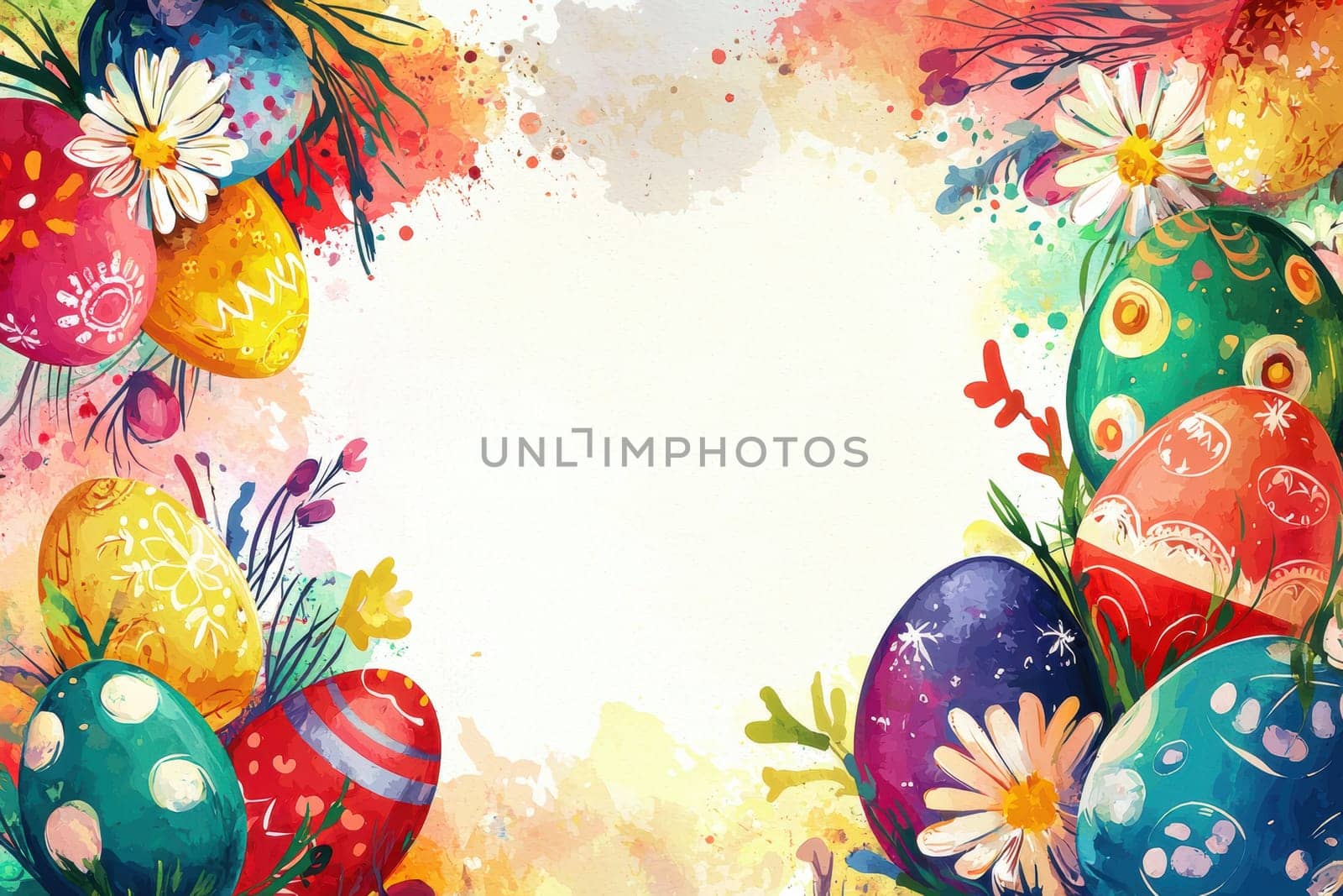 Easter-themed artistic card template featuring a vivid array of watercolor painted eggs and flowers framing a blank center. ideal for personalized greetings, this expressive design offers a vibrant touch to easter festivities.