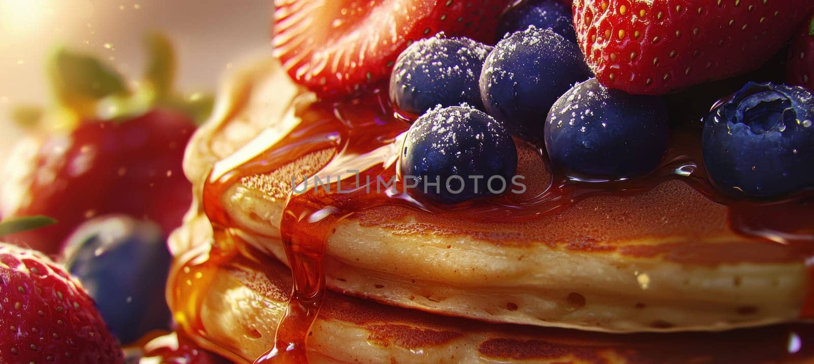 A mouthwatering stack of golden pancakes adorned with fresh blueberries and sliced strawberries, drizzled with rich maple syrup. perfectly lit to emphasize the vibrant colors and texture, ideal for breakfast menus, food blogs, or culinary promotions.