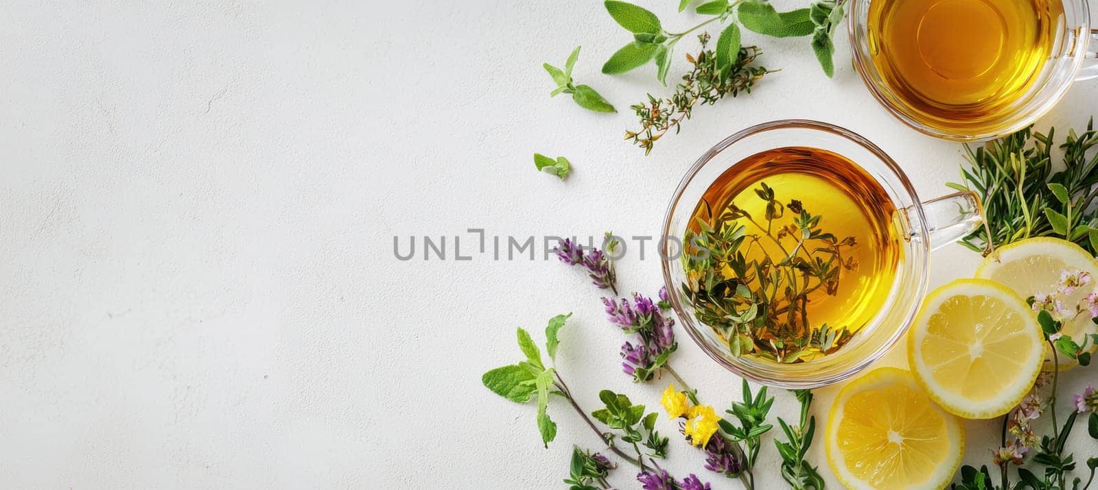 A glass tea cup filled with steeping loose leaf tea, surrounded by vibrant fresh herbs and sliced lemons on a minimalist background. this layout offers ample space for text, making it ideal for design projects, posters, or print materials.