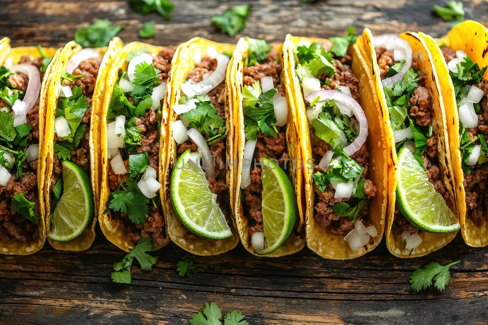 A vibrant display of tacos filled with beef, chicken, and vegetarian options, topped with fresh cilantro, onions, and lime wedges. the tacos are artfully arranged on a rustic wooden table, offering a festive and appetizing culinary scene.
