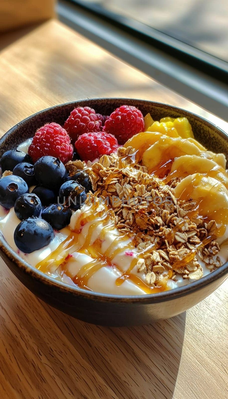 A vibrant breakfast bowl featuring creamy greek yogurt topped with fresh raspberries, crunchy granola, and a drizzle of honey. placed on a light wooden table, the scene is complemented by natural lighting and scattered berries and mint leaves.