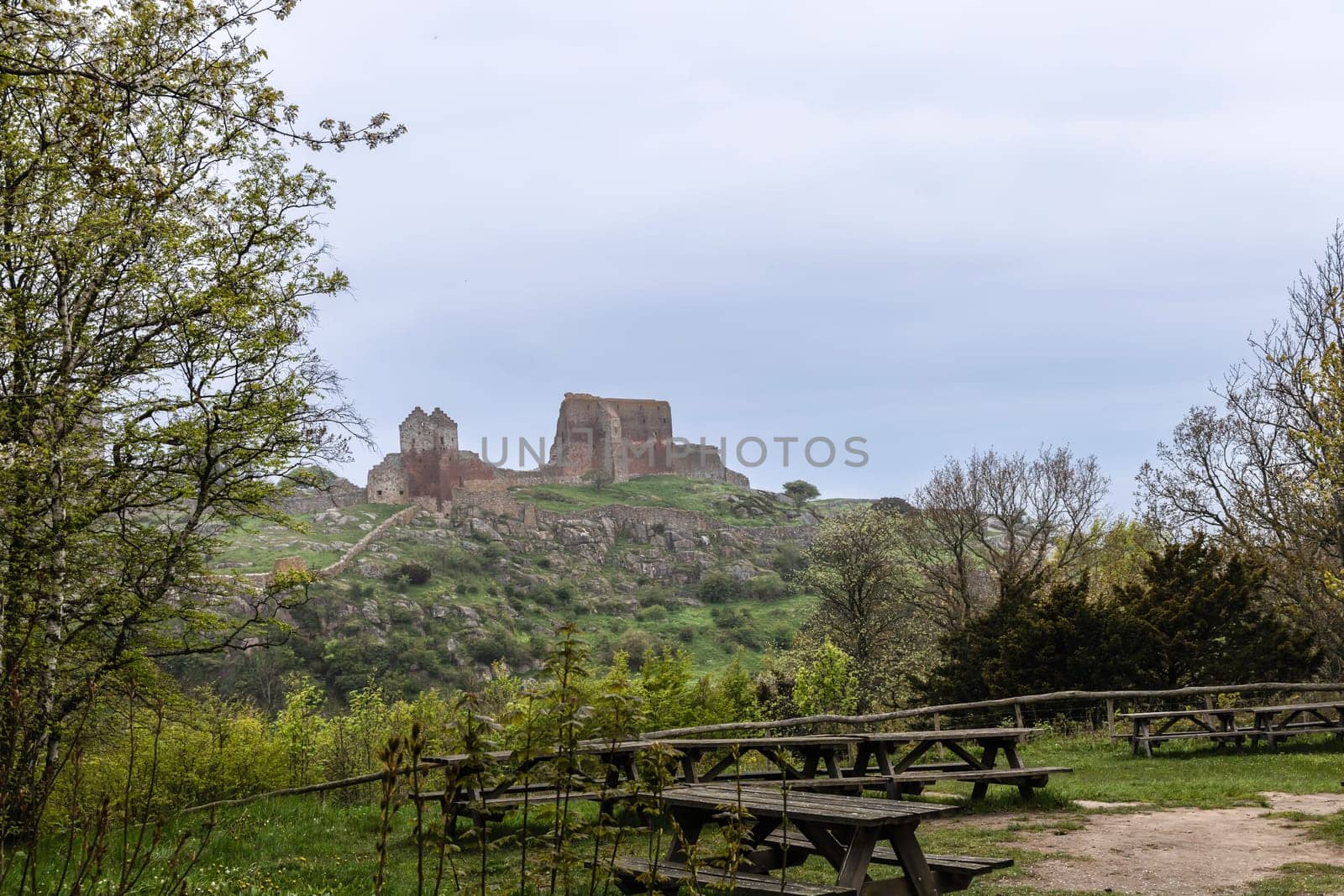Beautiful view of ancient ruins Hammershus in cloudy weather on the island Bornholm, Denmark. High quality photo