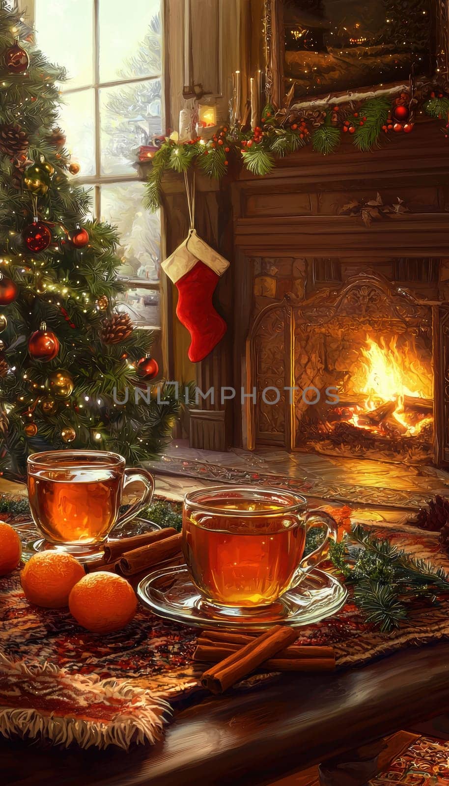 Warm winter scene featuring a glowing fireplace, a decorated christmas tree, and a table set with aromatic spiced tea, cinnamon sticks, and fresh oranges. perfect for evoking festive cheer and holiday warmth.