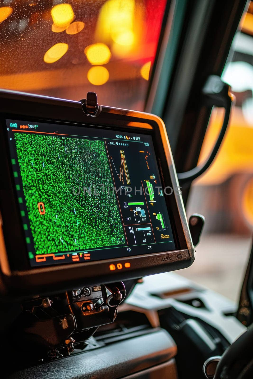 High definition monitor in a combine harvester's cab showcasing intricate graphs of crop yield, gps positioning, and soil moisture levels. vital technology for precision agriculture, enhancing efficiency in modern farming operations.