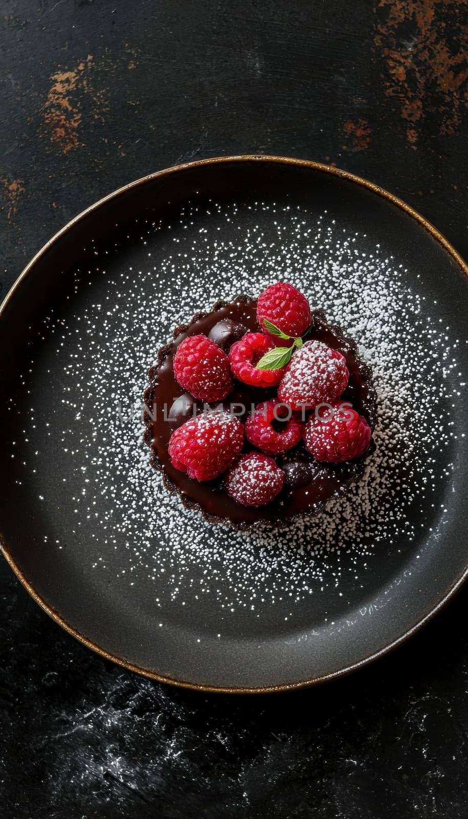 A rich chocolate tart adorned with fresh raspberries, elegantly styled on a plate. a cascade of powdered sugar enhances its visual appeal, making it ideal for culinary promotions or gourmet dining features.